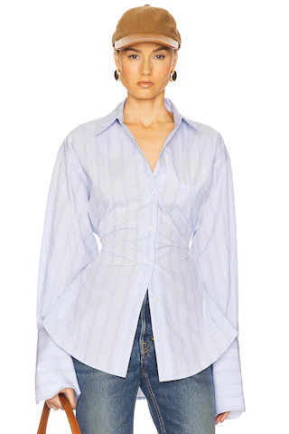 Helsa Stripe Poplin Lace Back Shirt in Blue Multi Stripe from Revolve.com | Revolve Clothing (Global)
