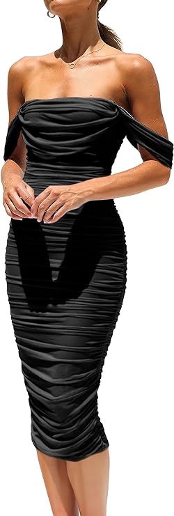 PRETTYGARDEN Women's Summer Off The Shoulder Ruched Bodycon Dresses Sleeveless Fitted Party Club ... | Amazon (US)
