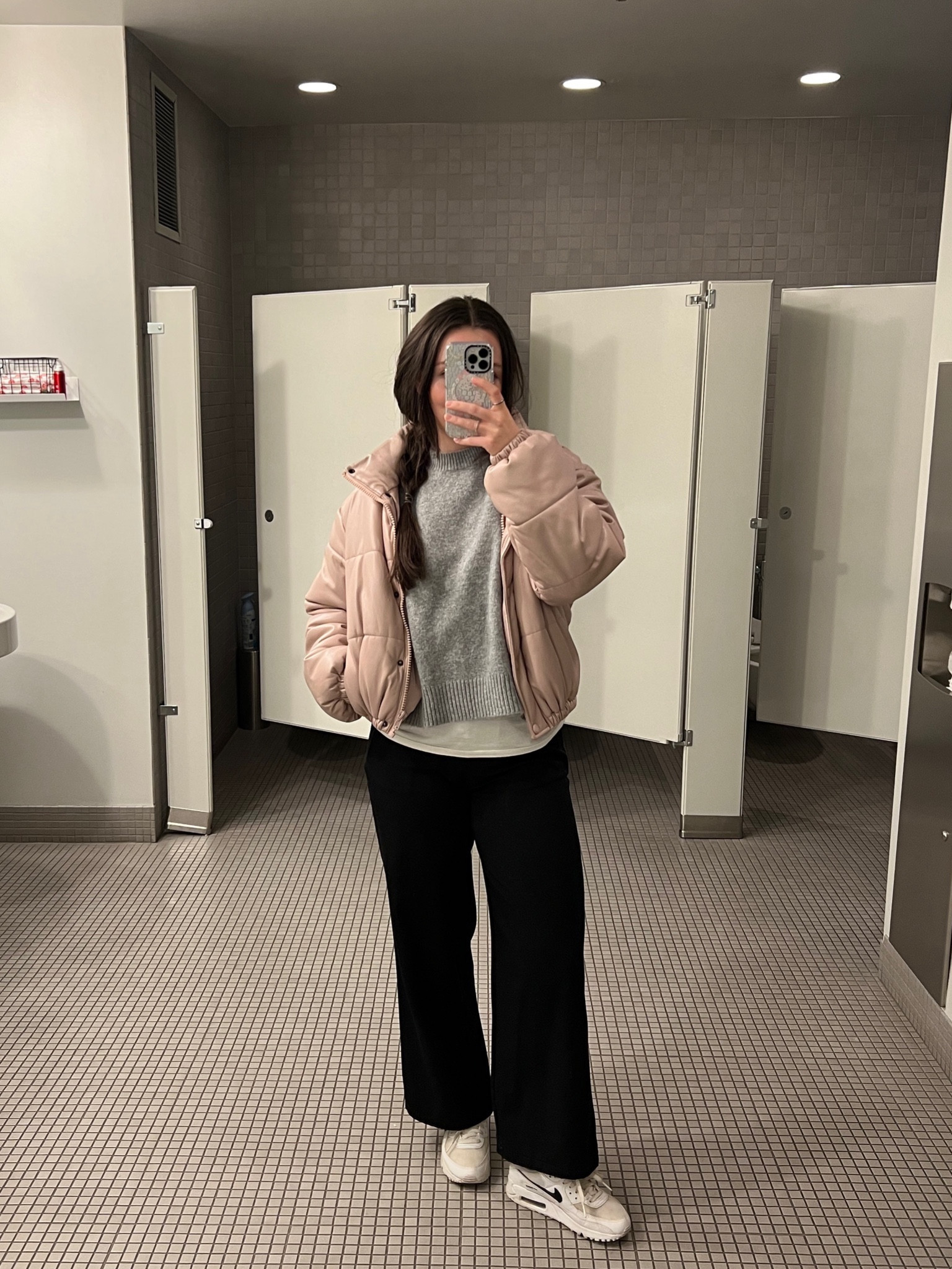 Pink vegan leather cropped puffer jacket, black trouser pants, Nike air max everyday sneaker, great sweater, white t-shirt, layering clothes 

#LTKworkwear #LTKfindsunder100 #LTKSeasonal