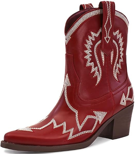 Women's Western Ankle Cowboy Boots Chunky Pointed Toe Wide Calf | Amazon (US)
