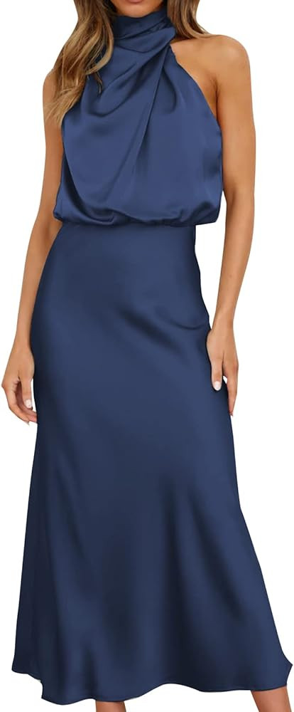 Women Sleeveless Mock Neck Cocktail Dresses Elastic Waist Party Wedding Guest Dress Satin High Sp... | Amazon (US)