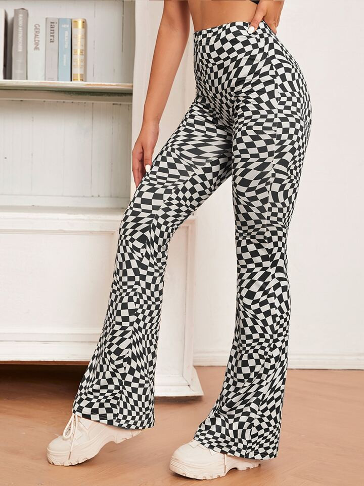 SHEIN EZwear Checked Print Flare Leg Pants | SHEIN