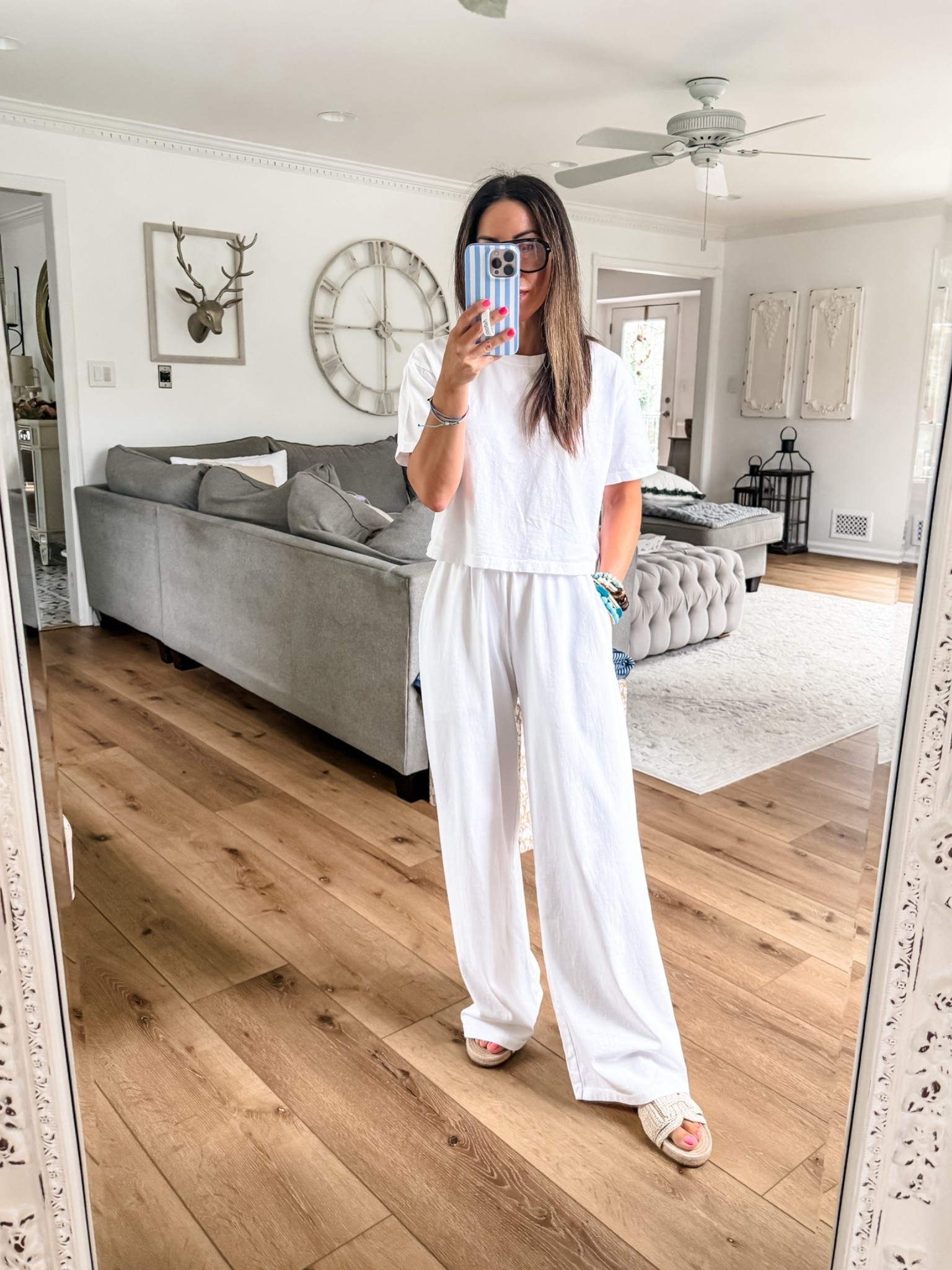 Vitamin A code SIGNATURE. Jewelry code HOUSEOFLEO20. Small white T-shirt. XS white pants. @vitaminaswim

#LTKOver40 #LTKPetite #LTKSaleAlert