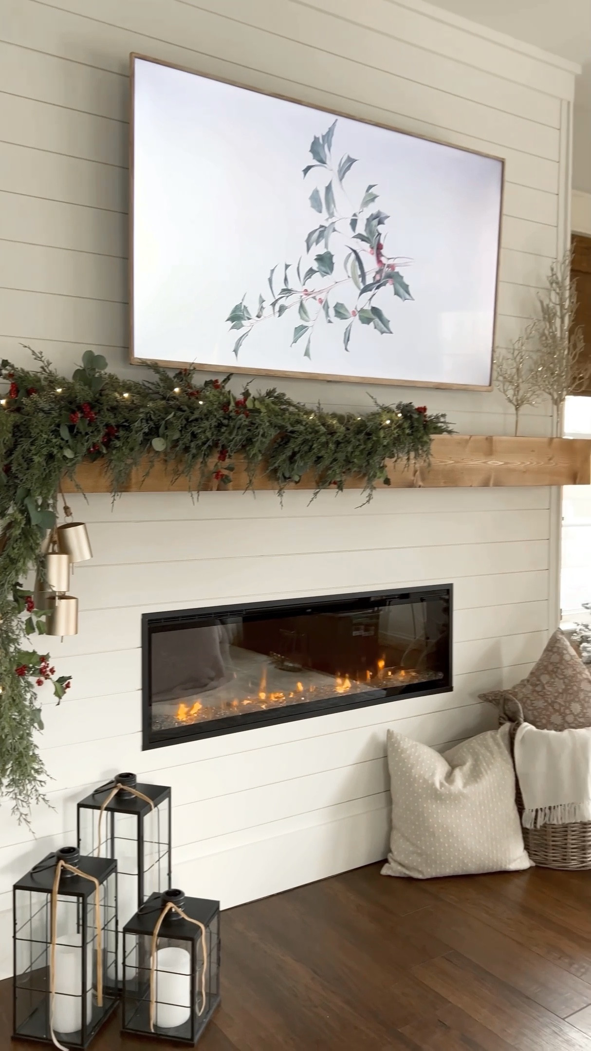 Christmas master primary bedroom king of Christmas flocked tree eucalyptus Berry garland pillows blankets baskets mantle hearth decor bells lanterns tree skirt

#LTKSeasonal #LTKHoliday #LTKhome