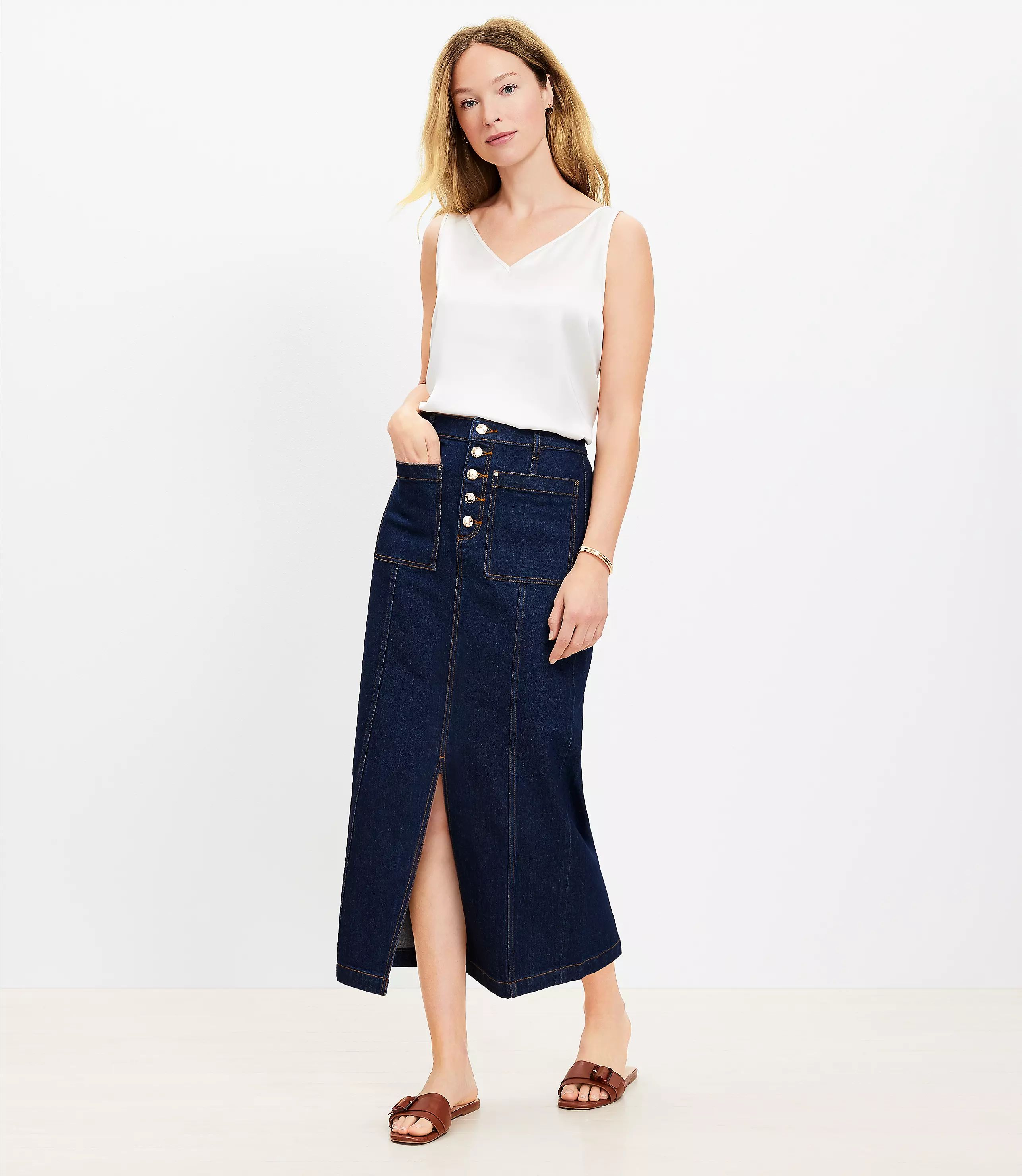 Denim Pocket Midi Skirt in Classic Rinse Wash | LOFT