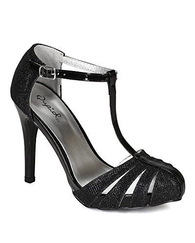 Qupid CK52 Women Glitter Leatherette Strappy Ankle T-Strap Stiletto Heel Pump - Black (Size: 7.5) | Amazon (US)