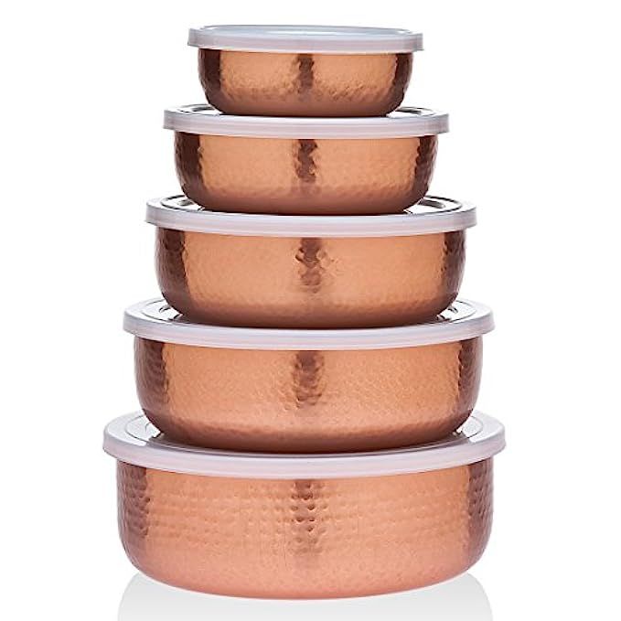 Godinger 5 Piece Hammered Copper Plated Stackable Storage Bowl Set with airtight Lids-Perfect Holida | Amazon (US)
