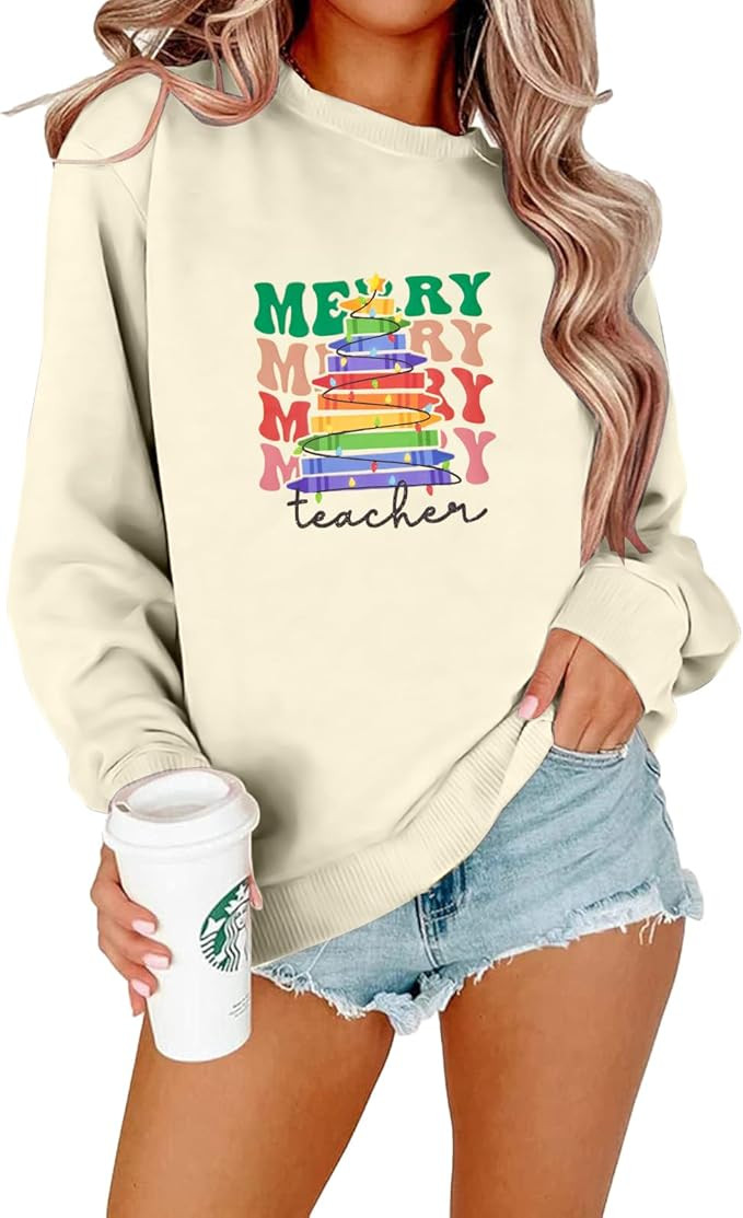 EGELEXY Christmas Sweatshirt Merry Teacher Outfits Women Christmas Teacher Pullover Long Sleeve P... | Amazon (US)