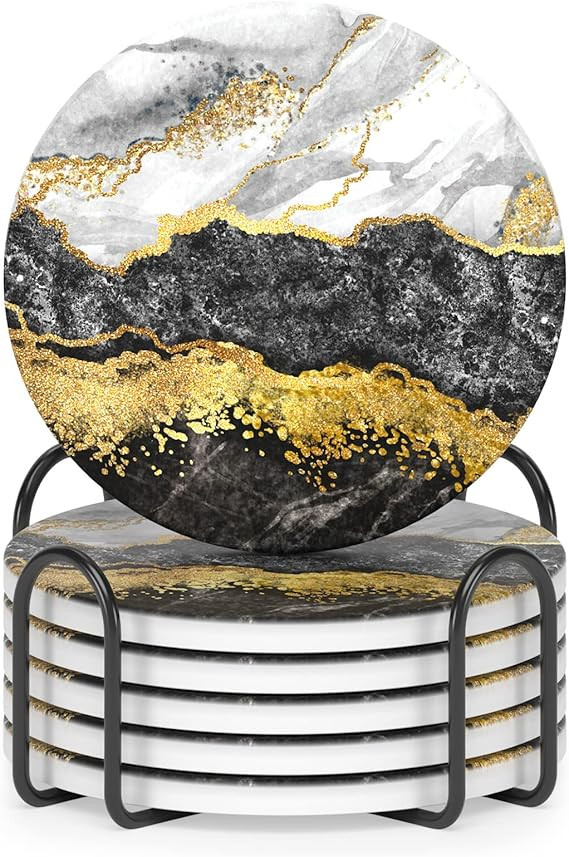 Nipichsha Coasters for Drinks, Set of 6 Marble Absorbent Ceramic Coasters with Holder and Cork Ba... | Amazon (US)