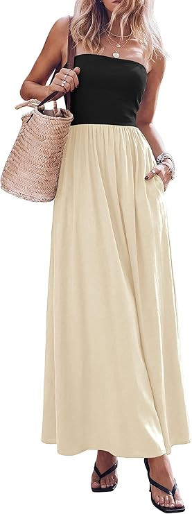 PRETTYGARDEN Women's 2026 Spring Strapless Maxi Dresses Patchwork Long Flowy Pockets Elegant Goin... | Amazon (US)
