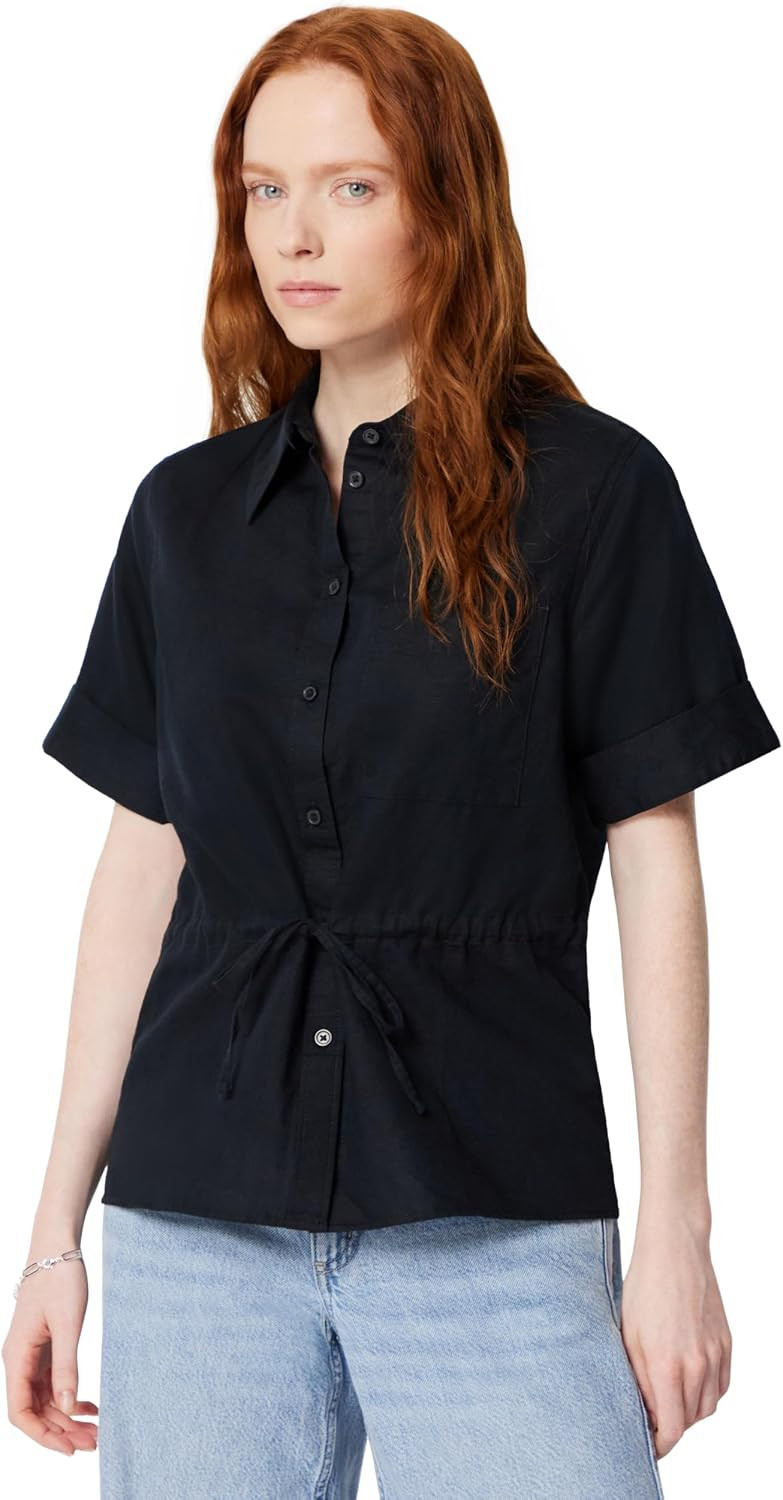 Amazon Essentials Women's Relaxed-Fit Linen Blend Wide Sleeve Shirt with Adjustable Waist | Amazon (US)