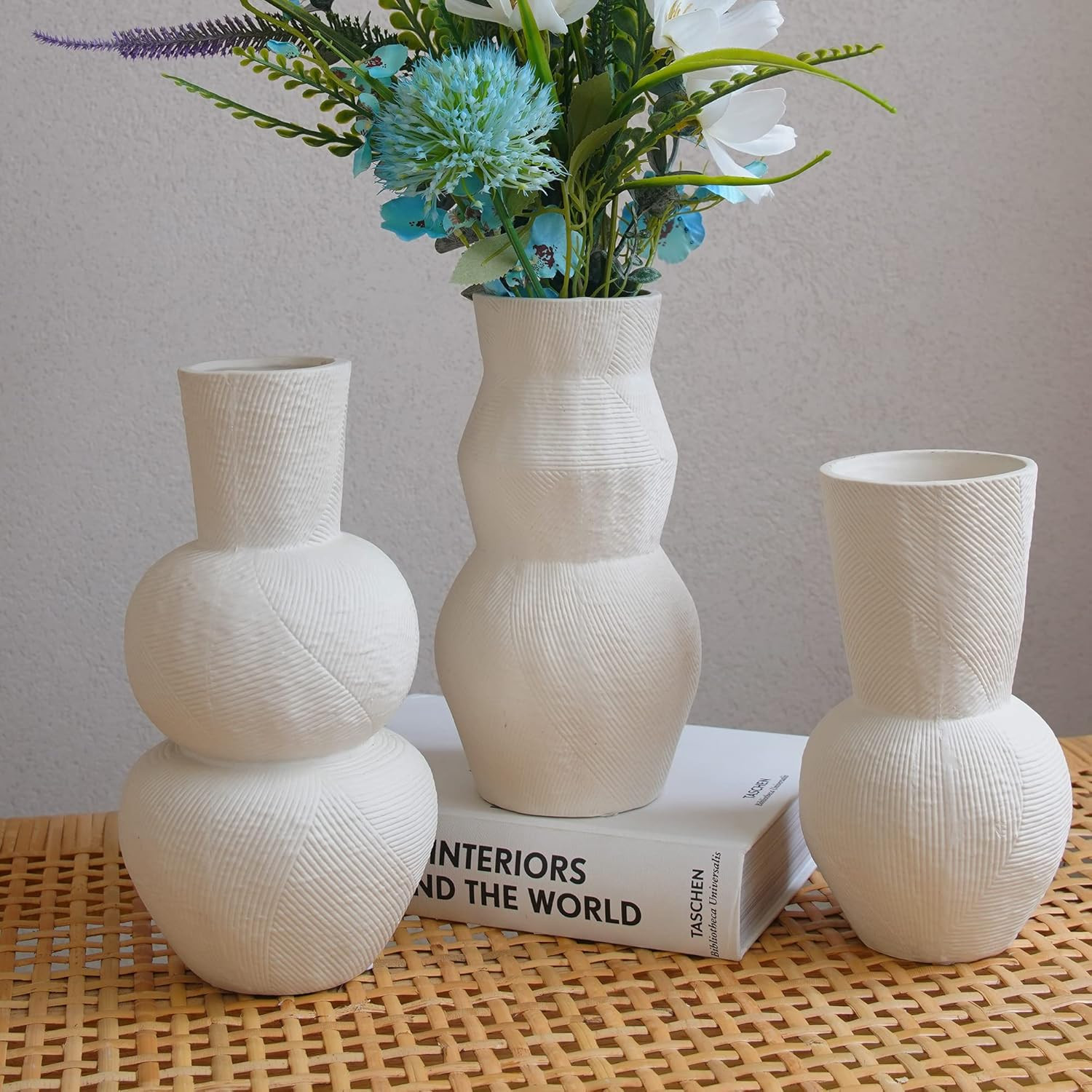 Ceramic Vases for Flowers, Matte White Ribbed Vase Set of 3, Decorative Vases for Pampas Grass, M... | Amazon (US)