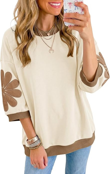 Dokotoo Womens Sweatshirts 3/4 Sleeve Floral Patch Tops Fall Clothes | Amazon (US)