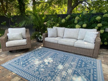 A beautiful blue rug to add some color and comfort to this space. #RugsUSA #patiofurniture #outdoorfurniture

#LTKhome
