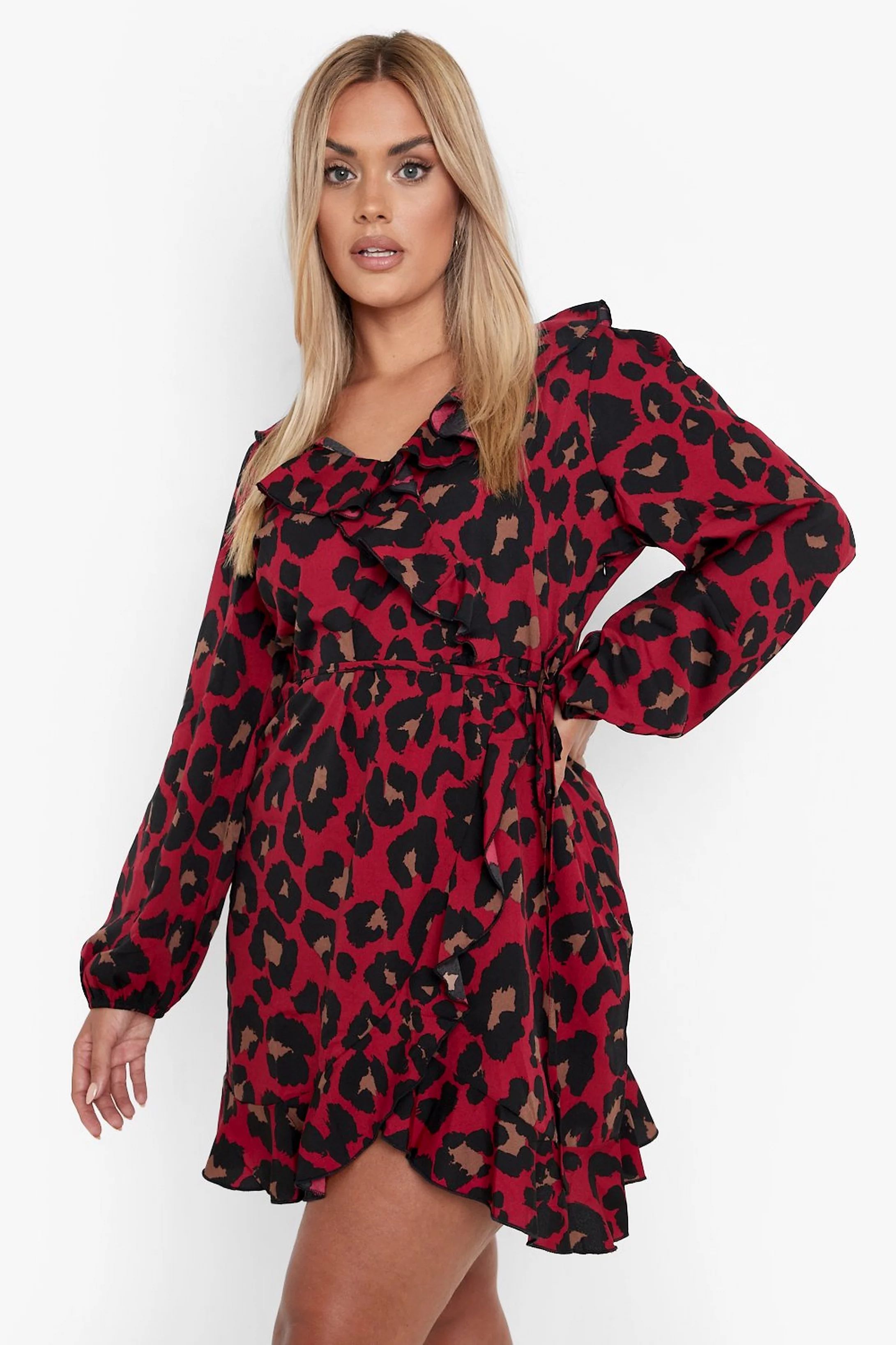 Plus Long Sleeve Woven Frill Wrap Dress | Boohoo.com (US & CA)