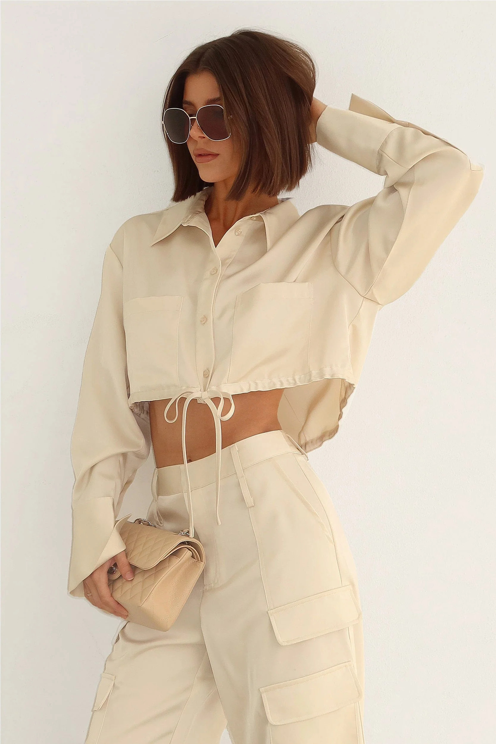 Milan Satin Button Up - Pearl | The Noli Shop