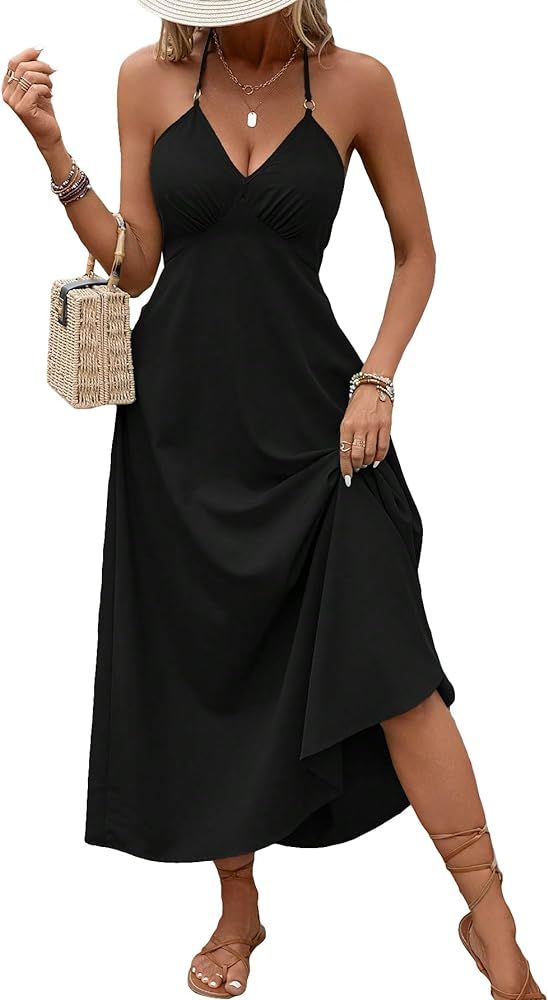 SOLY HUX Women's Halter V Neck Tie Backless Cami Dress Sleeveless Long Dresses | Amazon (US)