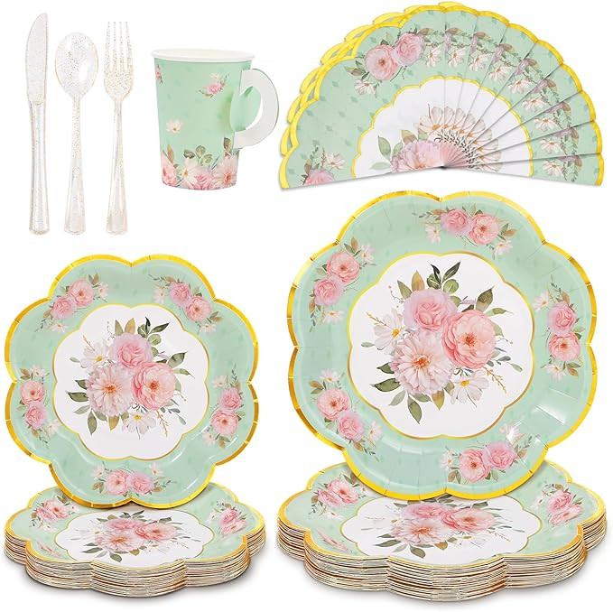 Tea Party Supplies Serves 24, Tea Party Plates and Napkins Sets Include Paper Saucers, Teacups wi... | Amazon (US)