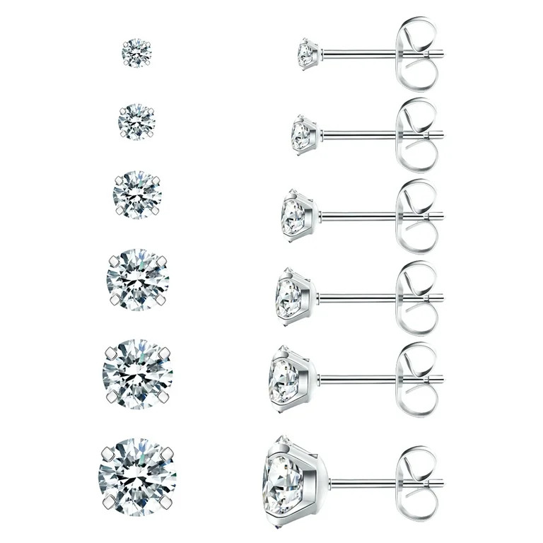 6 Pairs Stud Earrings Hypoallergenic Surgical Steel Cubic Zirconia Earrings | Walmart (US)