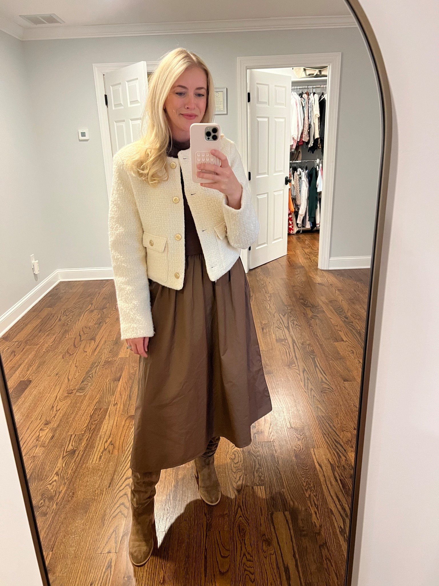 Dinner date 🤎 dress is under $50 and I own in 2 colors, wearing a size M. Jacket is Abercrombie, no longer available, I linked similar. I own this in black and white because it’s a staple and always easy to throw over anything in the fall/winter. Would be perfect for Thanksgiving! 

#LTKStyleTip #LTKWorkwear #LTKHoliday