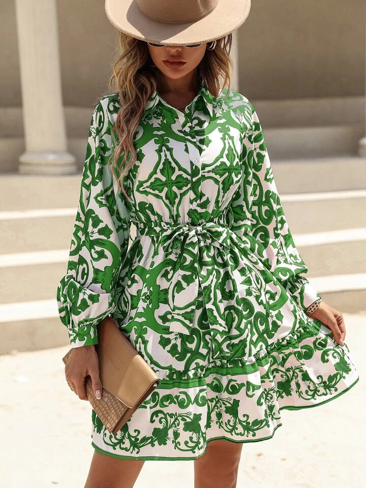 Allover Print Belted Ruffle Hem Shirt Dress | SHEIN