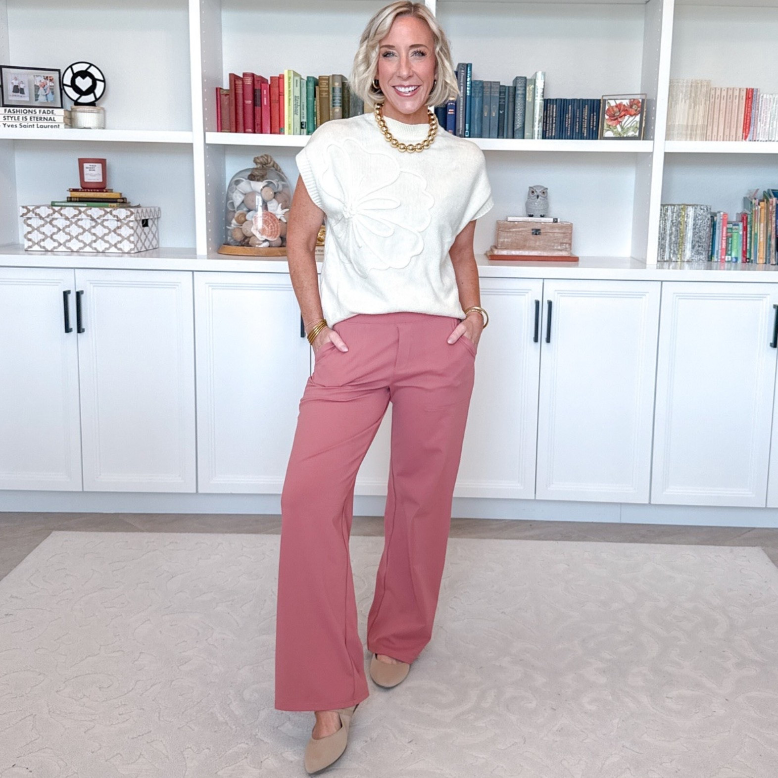 New Pants - from a favorite brand. Wide Leg Yoga-Work Pants - size small, 29" Inseam. (“Cameo”). * Flower Short Sleeve Sweater - size small. 20 colors. * Knit Mary-Jane Flats - TTS.

#LTKSeasonal #LTKOver40 #LTKWorkwear
