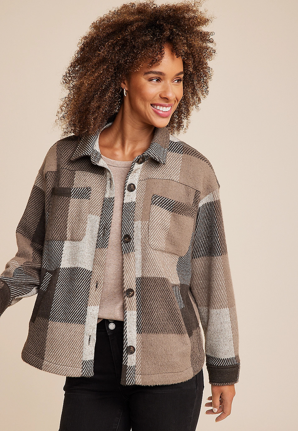 Brown Plaid Short Shacket​ | Maurices