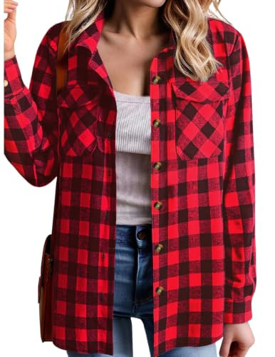 Zeagoo Red Button Down Flannel Shirt for Women Long Sleeve Business Tops L | Amazon (US)
