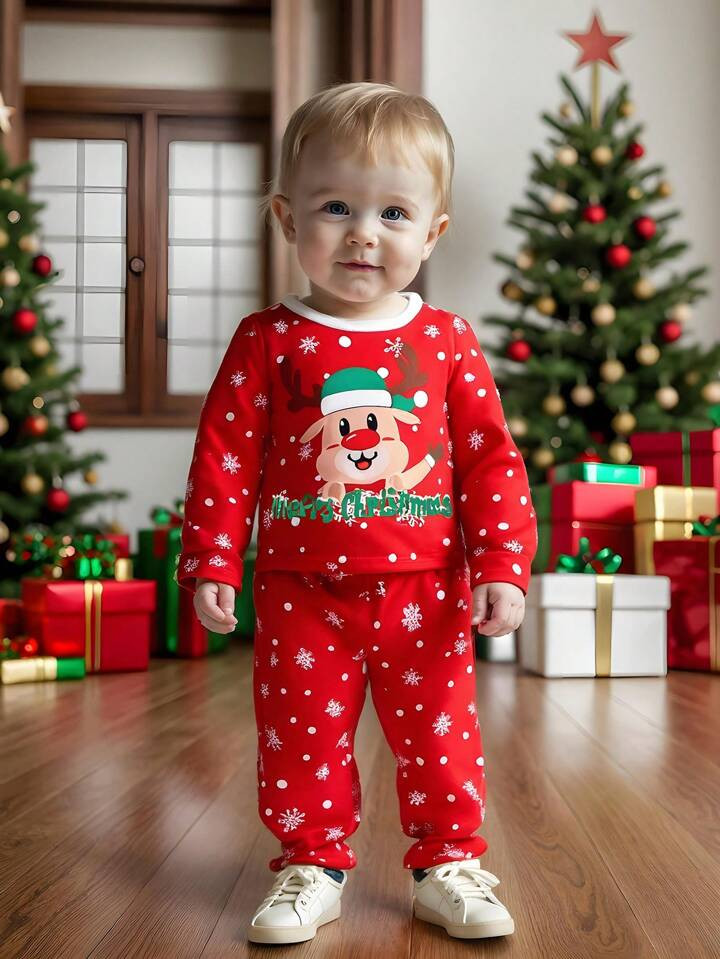 SHEIN Persoplay Kids Baby Boy 2pcs/Set Christmas Outfit, Reindeer & Snowflake Print Red Long Slee... | SHEIN
