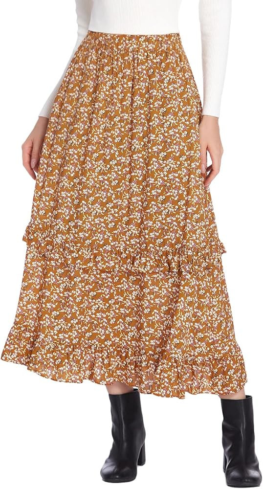 Zeagoo Long Skirt for Women Floral Midi Skirt Maxi Elastic Waist Skirts with Pocket Peasant Skirt Hi | Amazon (US)