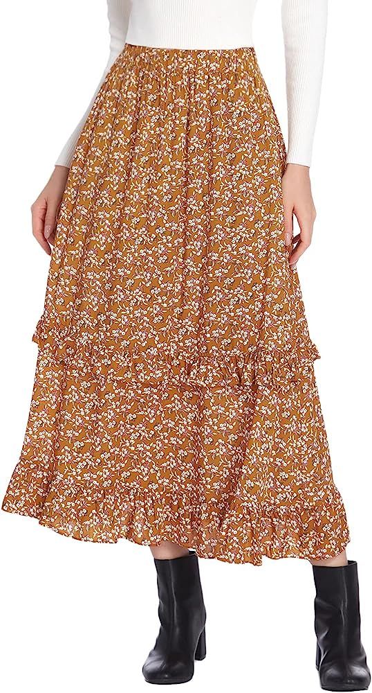Zeagoo Long Skirt for Women Floral Midi Skirt Maxi Elastic Waist Skirts with Pocket Peasant Skirt... | Amazon (US)