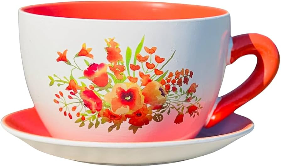 Orange Poppy Floral Motif Ceramic 7.5" Round Teacup Pot Planter Container with Saucer for Succule... | Amazon (US)