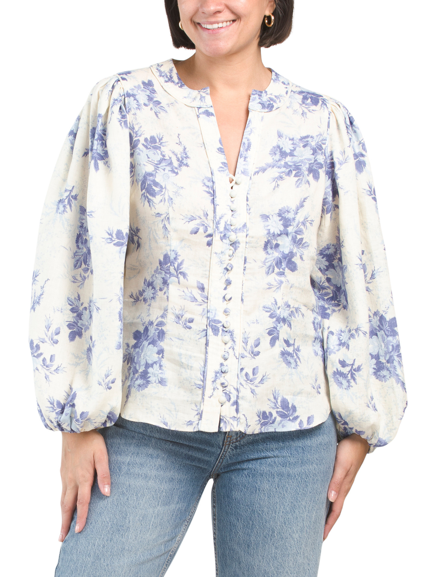 Linen Long Blouson Sleeve Split Neck Button Top | TJ Maxx