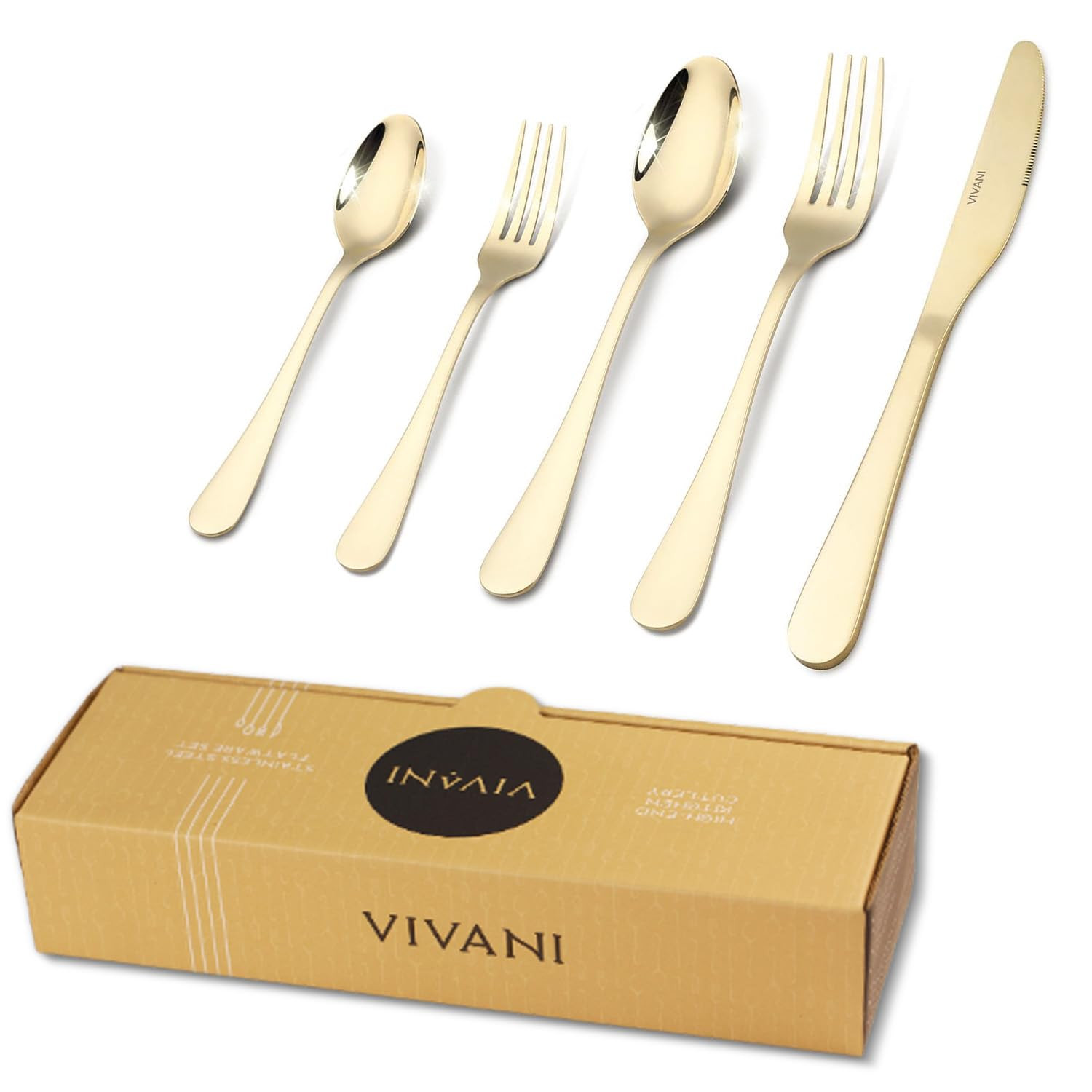 VIVANI 40pcs Champagne Silverware Set for 8, Food-Grade Stainless Steel Light Gold Flatware Set, ... | Amazon (US)