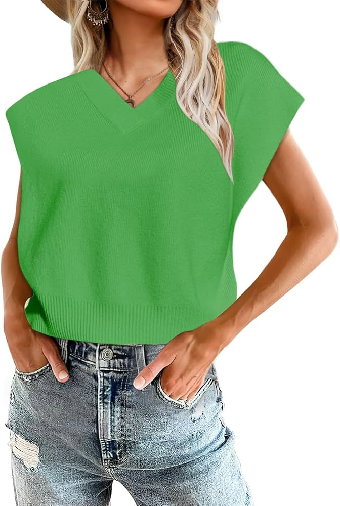 Esobo Women's Cap Sleeve Knit Sweater Cropped Tops 2024 Tank Tops Trendy Summer Sleeveless Knit V... | Amazon (US)