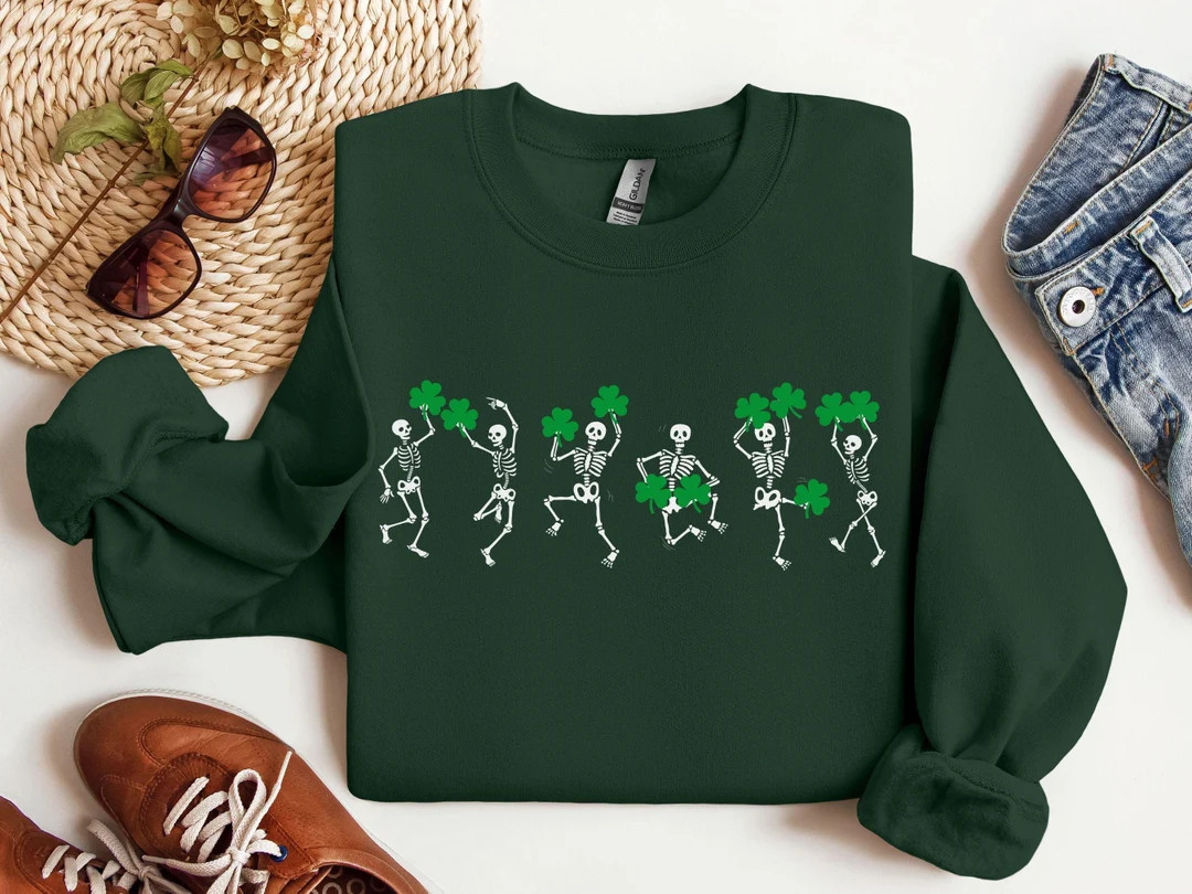 Shamrock Skeleton Dance Sweatshirt Womens St Patricks Day Sweater Cute Irish Lover Crewneck Festi... | Etsy (US)