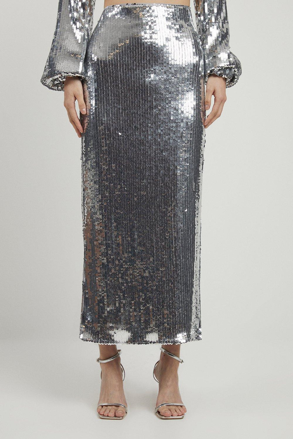 Sequin Front Split Woven Midi Skirt | Karen Millen UK + IE + DE + NL