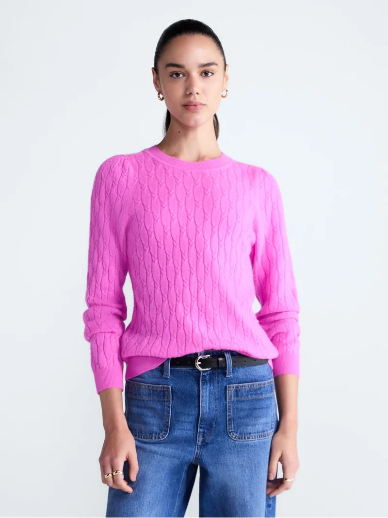 Free Assembly Women's Cashmere Cable Knit Sweater with Puff Sleeves, Midweight, Sizes XS-XXL | Walmart (US)