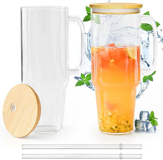 Glass Cups with Lids and Straws 40 oz Glass Tumbler with Straw and Lid 2 Pack Glass Tumbler with ... | Amazon (US)