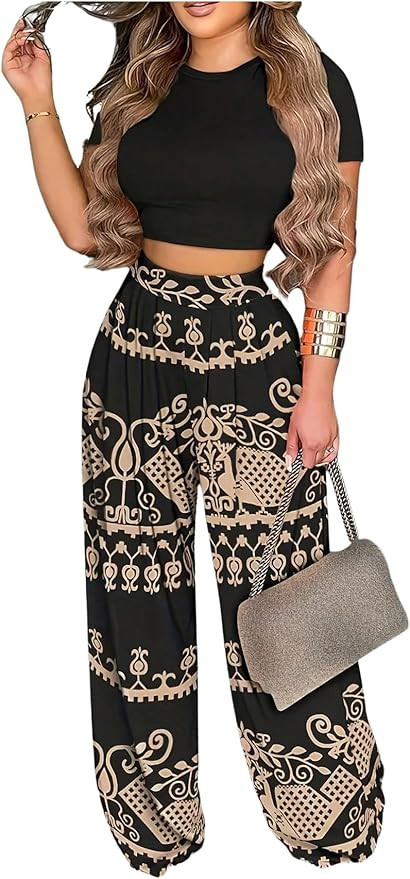 WDIRARA Women's 2 Piece Outfits Short Sleeve Crop Top And Plant Print Long Pants | Amazon (US)