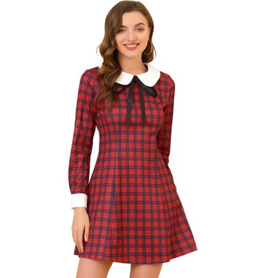 INSPIRE CHIC Women's Peter Pan Collar Fit and Flare Mini Plaid Tartan A Line Dresses Red X-Large | Target