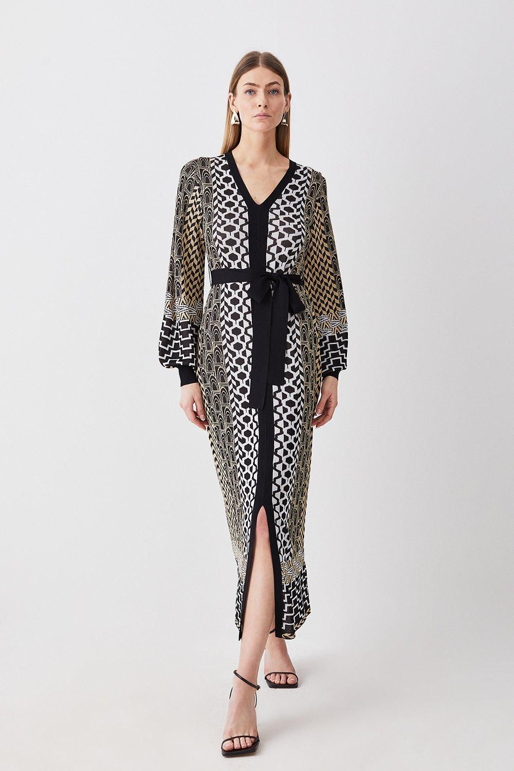 Slinky Jacquard Blouson Long Sleeve Knitted Maxi Dress | Karen Millen US