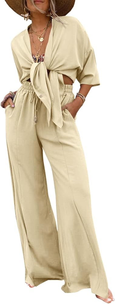 Fisoew Women's 2 Piece Outfits Long Sleeve Button Down Side Slit Blouse and Wide Leg Pants Sets | Amazon (US)