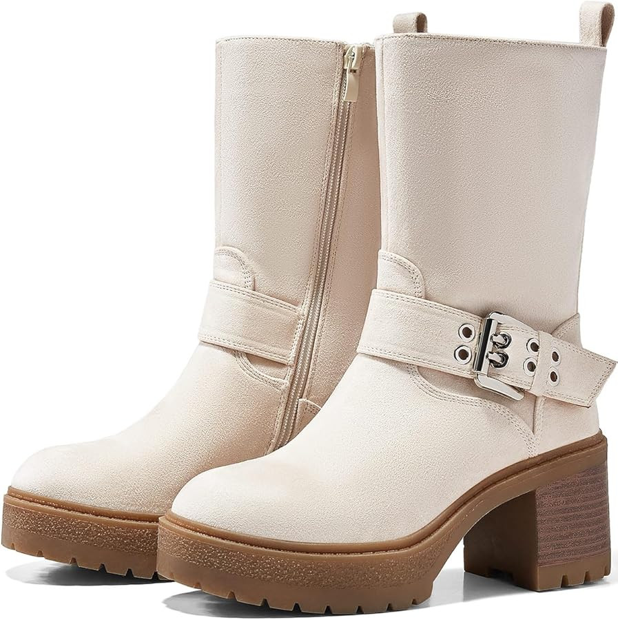 Coutgo Women\u2019s Mid Calf Boots Platform Chunky Heel Booties Buckle Zipper Winter Motorcycle B... | Amazon (US)