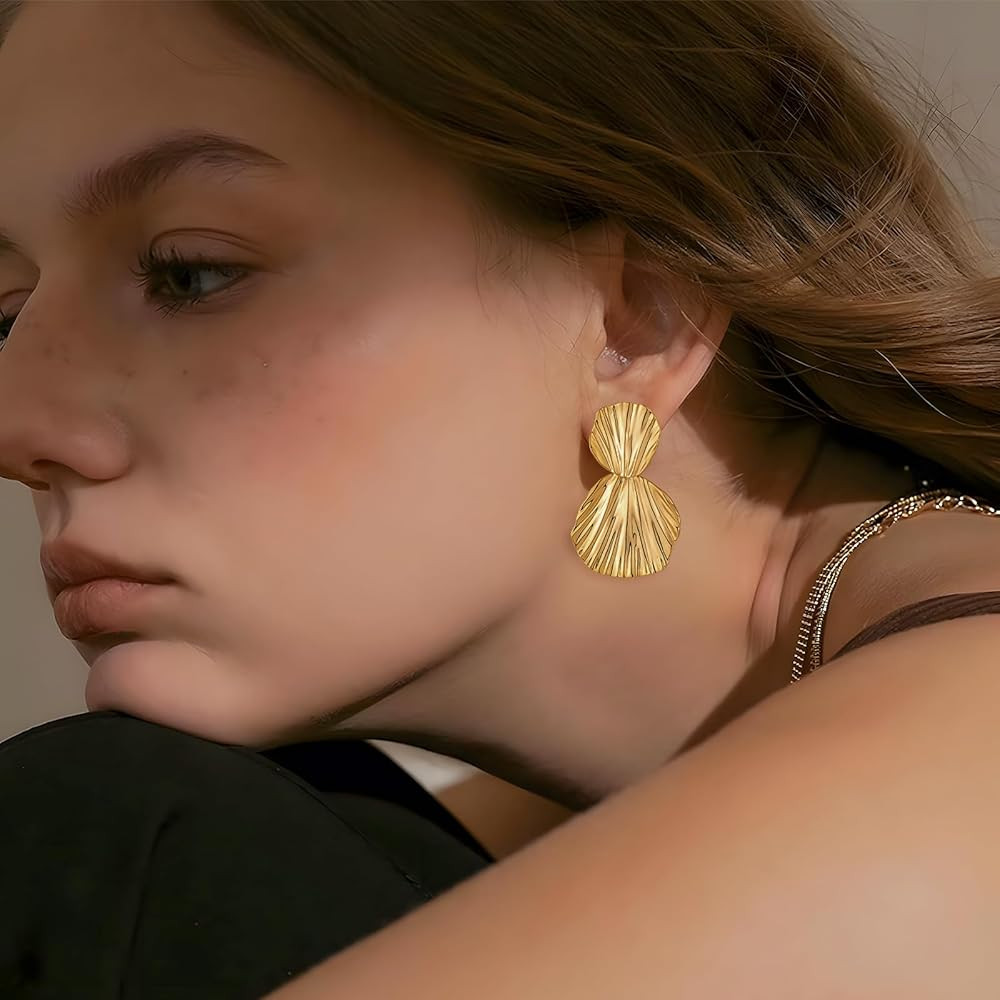 Gold Earrings Dangle Chunky Fan-shaped Earrings Shell Earring for Women Two-Tone Fashion Statemen... | Amazon (US)