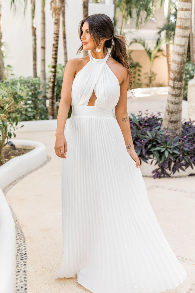 Sunny Gleam White Accordion Halter Maxi Dress FINAL SALE | Pink Lily