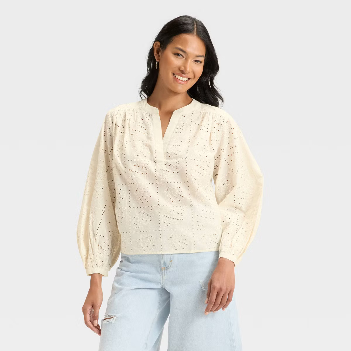 Women's Long Sleeve Eyelet Popover Blouse - Universal Thread™ | Target