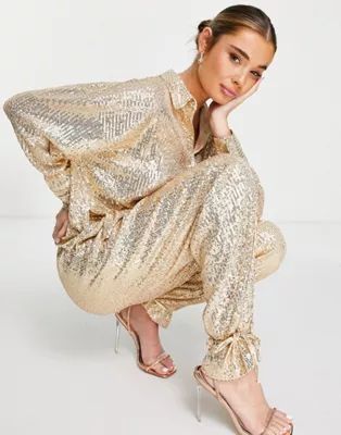 Style Cheat relaxed sequin shirt and tailored trouser co-ord in champagne | ASOS | ASOS (Global)