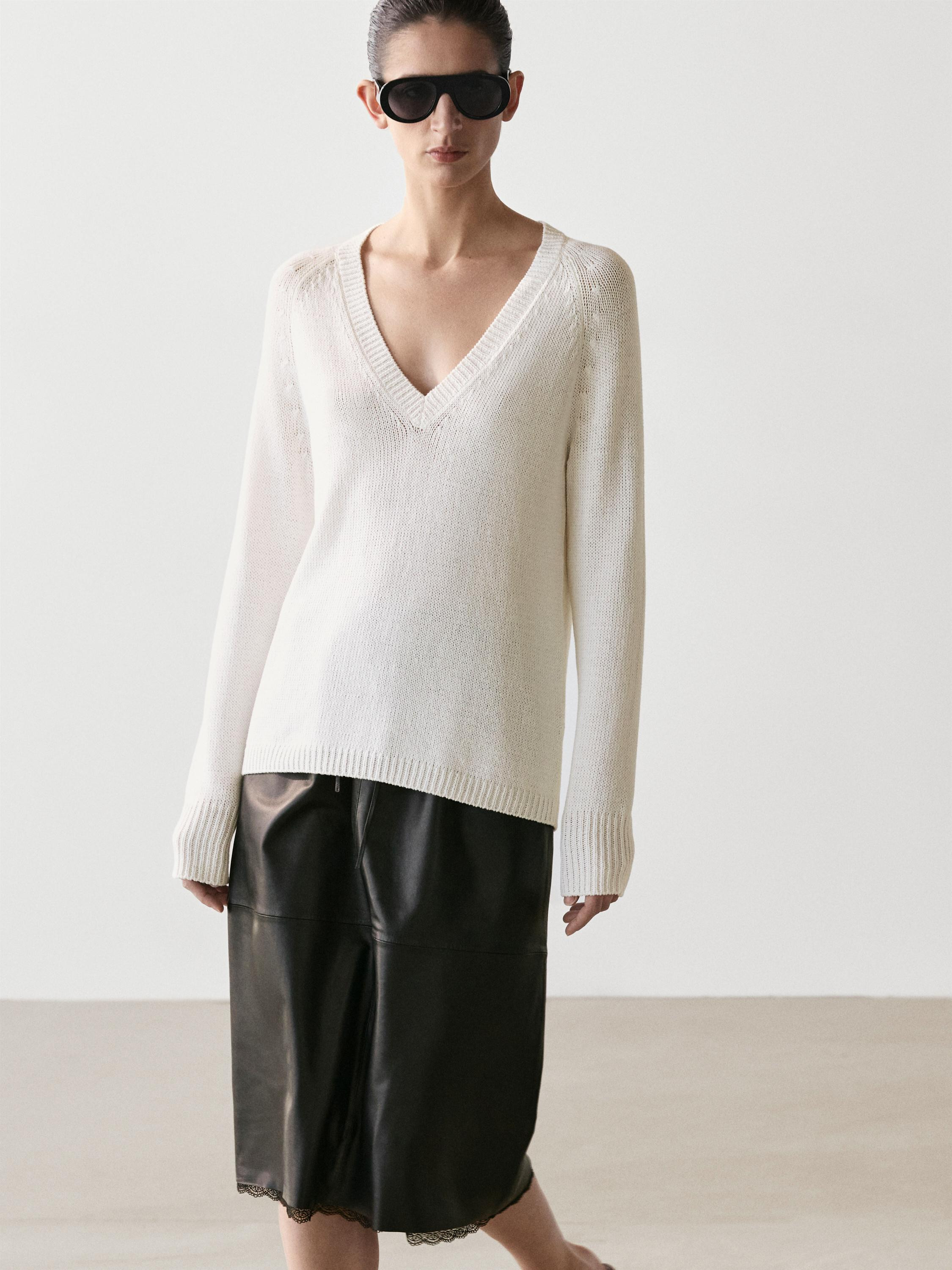 Nappa leather midi skirt with lace detail | Massimo Dutti UK