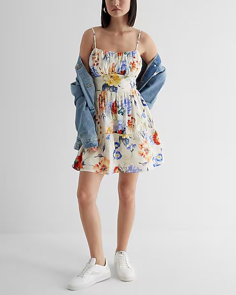 Floral Ruched Tiered Poplin Mini Dress | Express